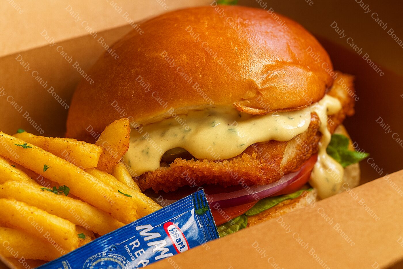 Crispy fish burger with fries
