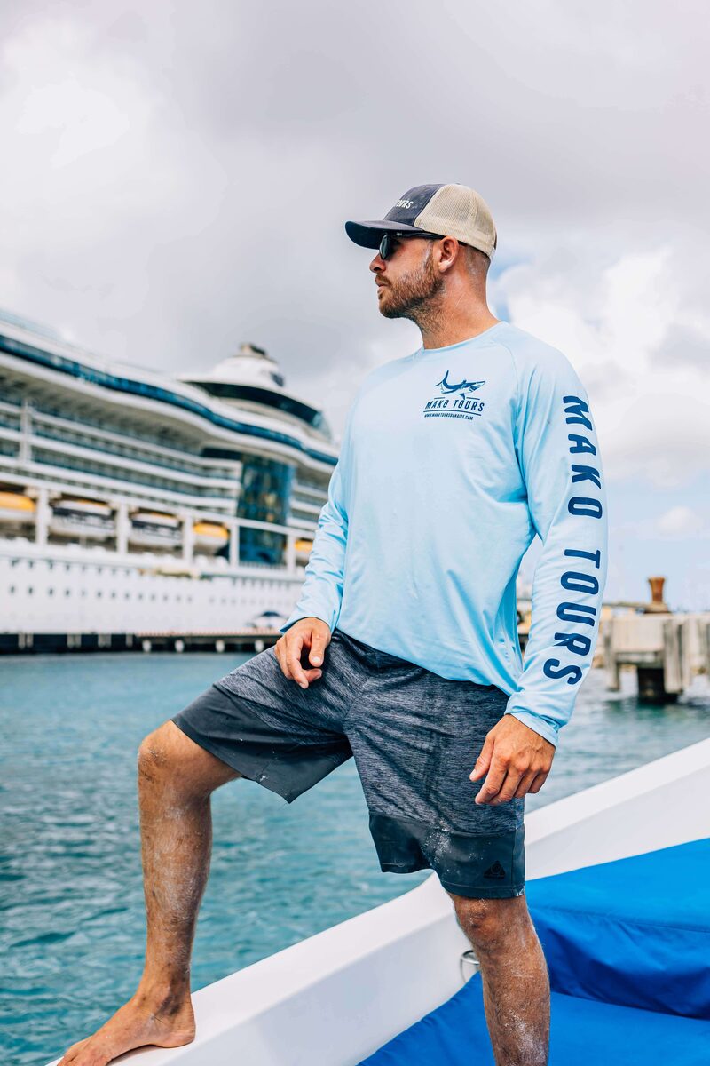 Light-blue Mako Tours Bonaire fishing shirt